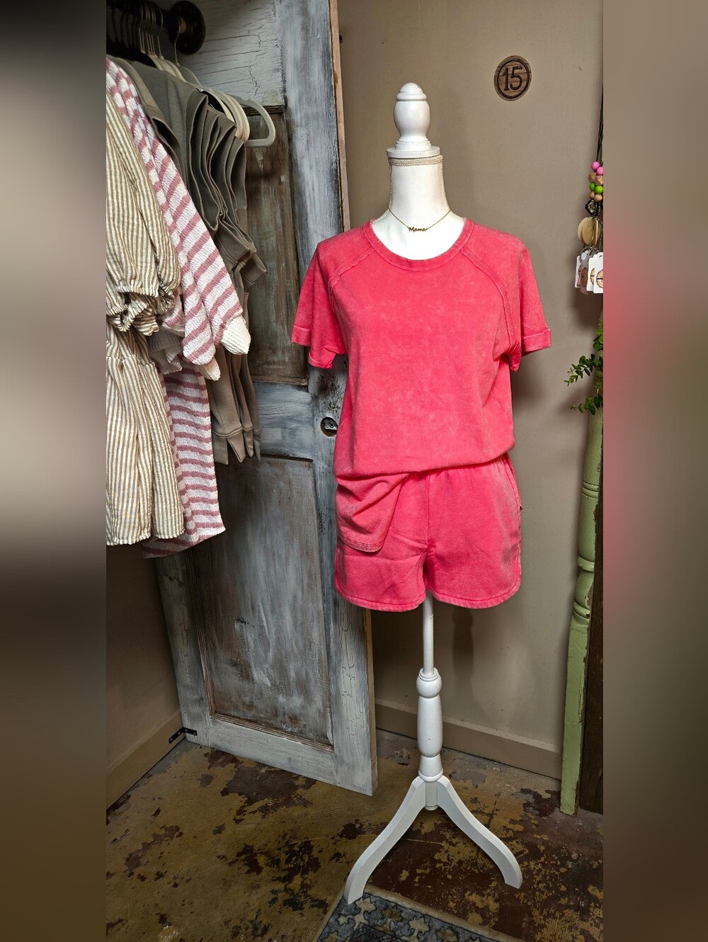 Zenana Casual Short Sleeve Sweatshirt & Shorts Set-Fushia